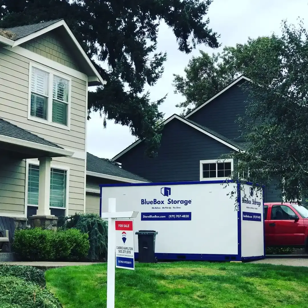 BlueBox storage container placed in front of a home